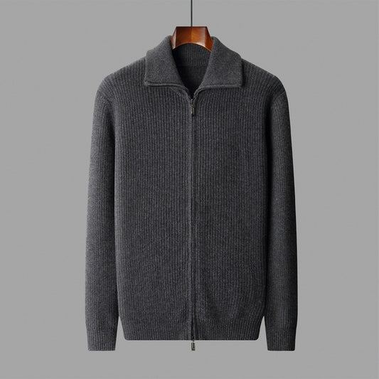 New Pure Wool Zipper Cardigan Fall Winter Men Lapel Shirt Coat