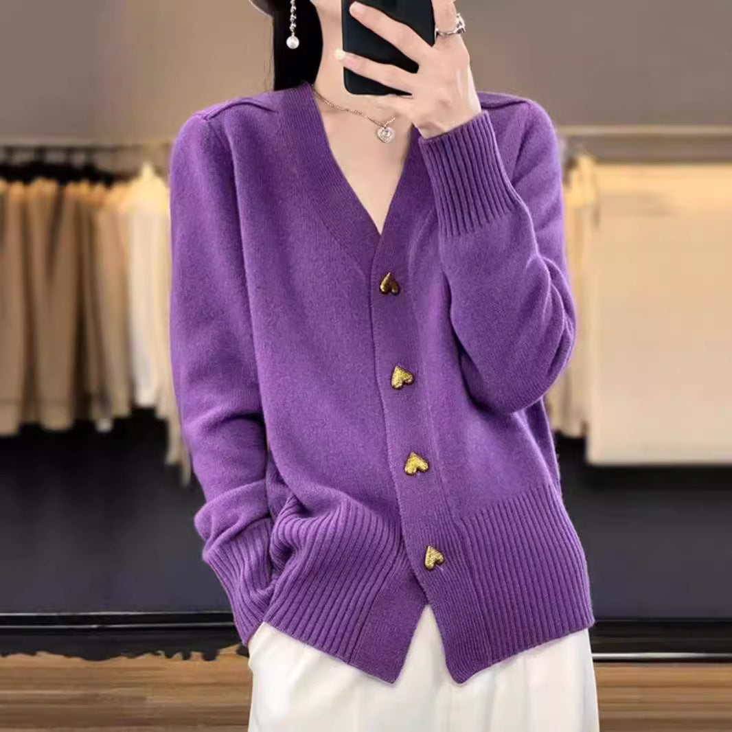 Heart Buckle Solid Color Knitted V-neck Cardigan Loose Sweater For Women